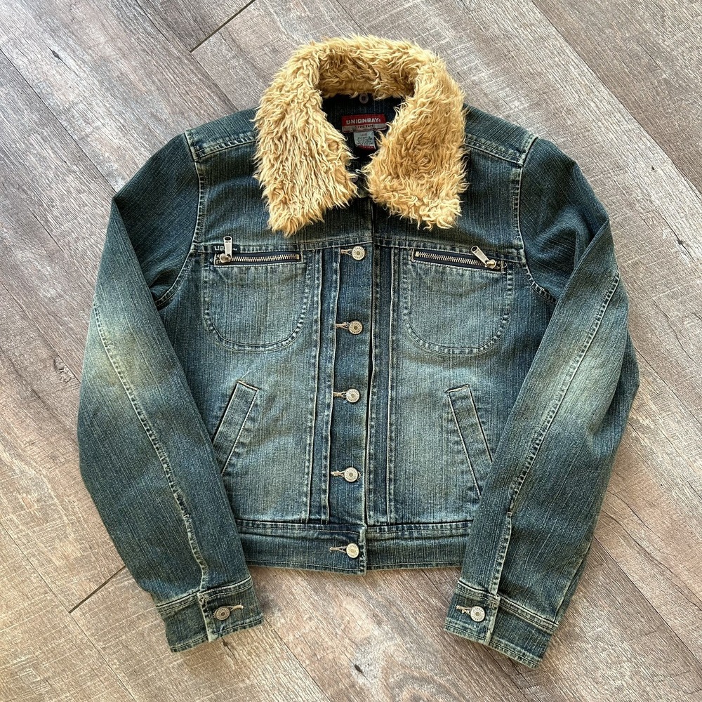 Vintage 90s Y2K UnionBay Jean Jacket Womens Large Faux Fur Collar Faded grunge